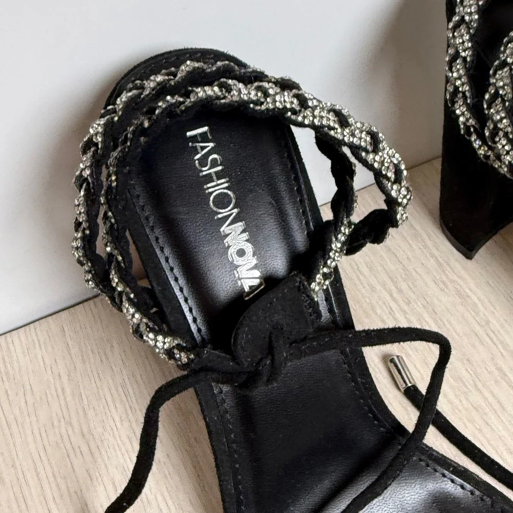 Heeled Sandals Fashion Nova Womens 6.5 Black Rhinestone Braided Lace Up Heel
